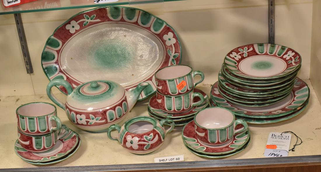 Shelf #60 - CAS Vietri Dinnerware: Shelf #60 - CAS Vietri dinnerware, green & mauve border with flowers, made in Italy, c/o 2 dinner plates, 9 salad plates, 5 teacups, 7 saucers, oval platter, teapot, sugar bowl (missing lid)