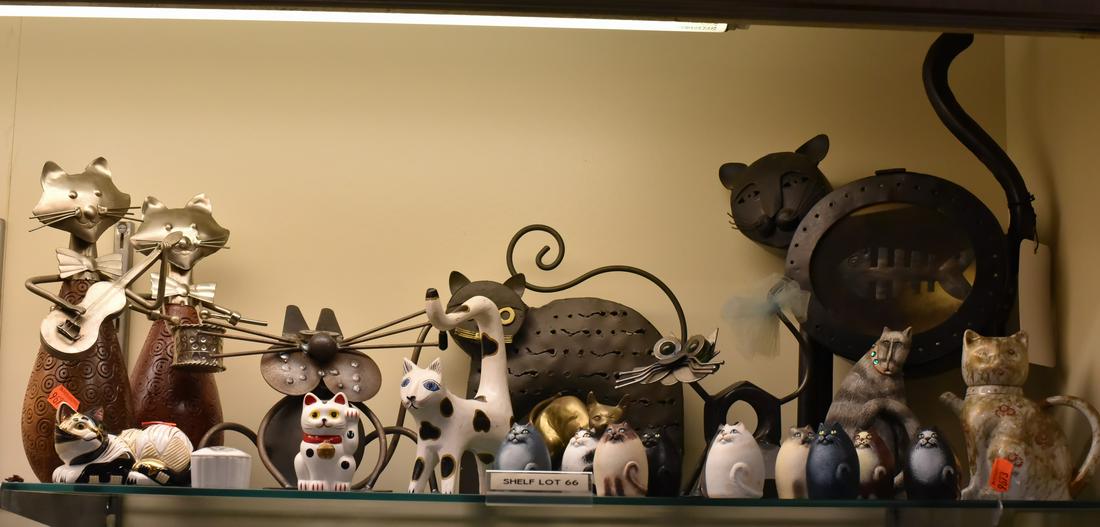 Shelf #66 - Decorative Cat Items: Shelf #66 - Decorative cat items, including found items art, porcelain, metal and candleholders