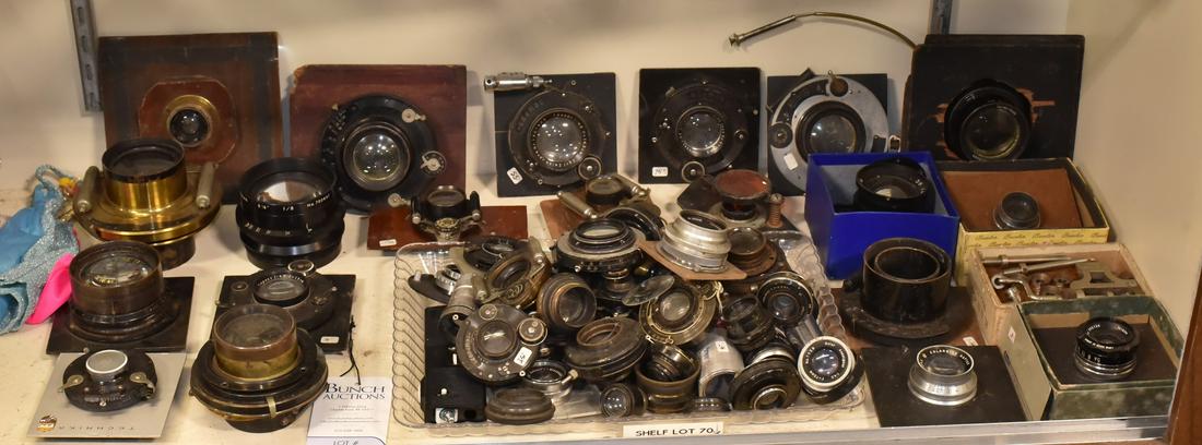 Shelf #70 - Assorted Large Format Camera Lenses: Shelf #70 - Assorted Large format camera lenses including Zeiss, Voigtlander, Wollensak, Turner Reich, Goodkin, Kodak, Gundlach and Century. Many in good condition just in need of cleaning and lubrica