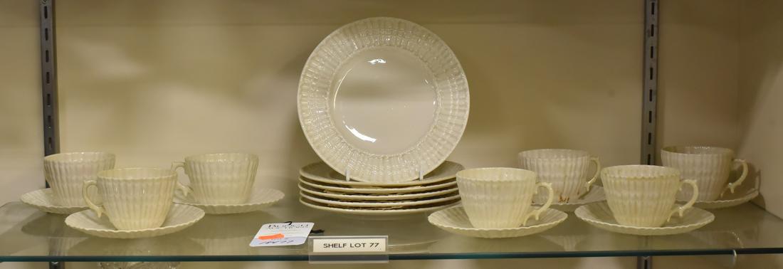 Shelf #77 - Belleek Tridacna Dessert Set: Shelf #77 - (20) Pcs Belleek porcelain dinnerware, Tridacna pattern, c/o 6 dessert plates, 7 teacups, 7 saucers