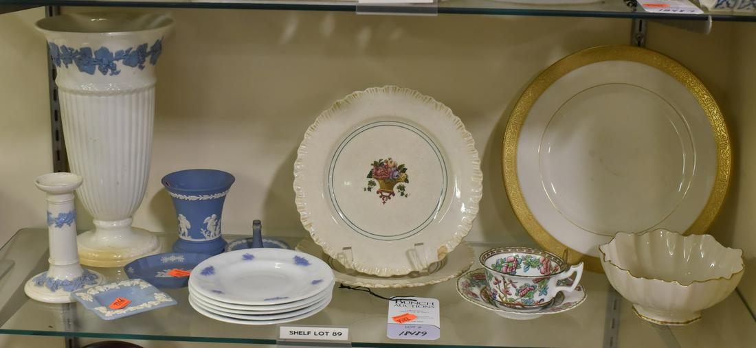 Shelf #89 - Wedgwood & Lenox Porcelain: Shelf #89 - Porcelain, including Wedgwood (Queensware footed vase, candlestick & ashtray, Jasperware beaker, pin tray & ring holder, 2 salad plates with flower urns with crazing & chips), Lenox (dinne