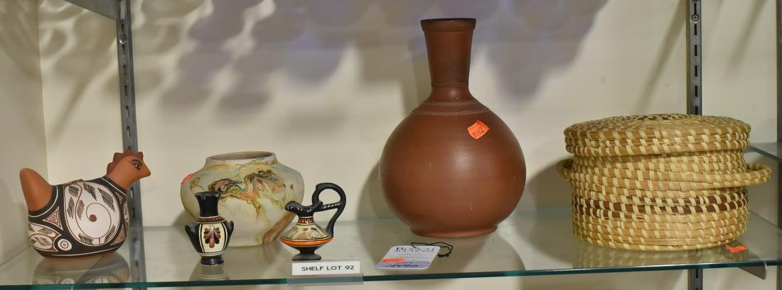 Shelf #92 - Pottery & Basket: Shelf #92 - (5) Pcs pottery including Nemadji Pottery vase, terra cotta water bottle with incised beaded decoration around neck (signed lightly in pencil on base "Kindness of Thomas Scott March 1890")
