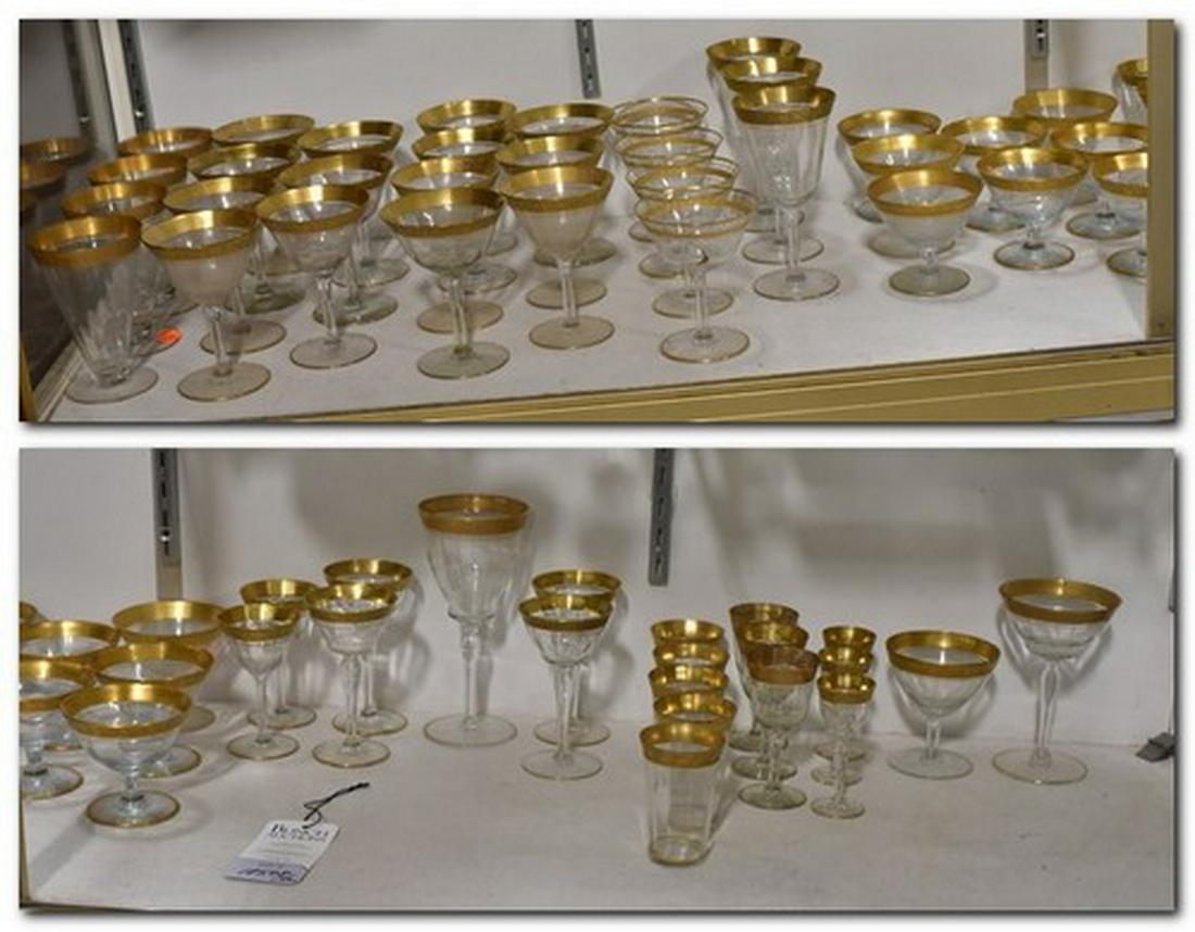 (50+) Pcs Gold Trimmed Glassware: (50+) Pcs gold trimmed glass barware, various patterns & sizes