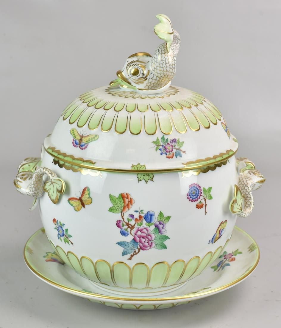 Herend Queen Victoria Tureen & Under Tray: Herend porcelain 4-quart covered tureen with under plate, Queen Victoria pattern, flower & butterfly decoration, inverted dolphin finial, fish handles, 12-1/2" h