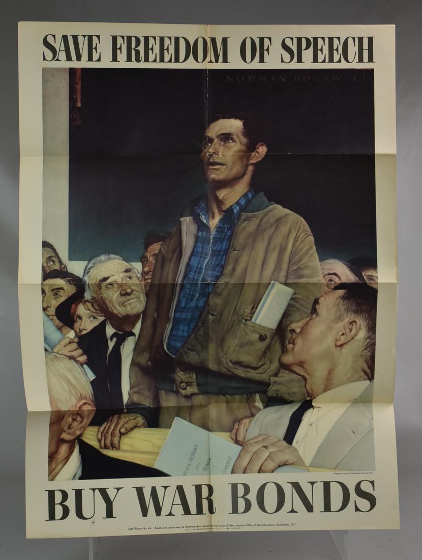 Norman Rockwell War Bond Poster "Save Freedom of: Norman Rockwell War Bond Poster "Save Freedom of Speech", OWI poster #44, 28" x 20", good condition with wear at creases