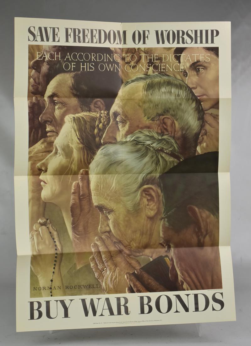Norman Rockwell War Bond Poster "Save Freedom of: Norman Rockwell War Bond Poster "Save Freedom of Religion", OWI #43, 28" x 20", good condition with wear at creases