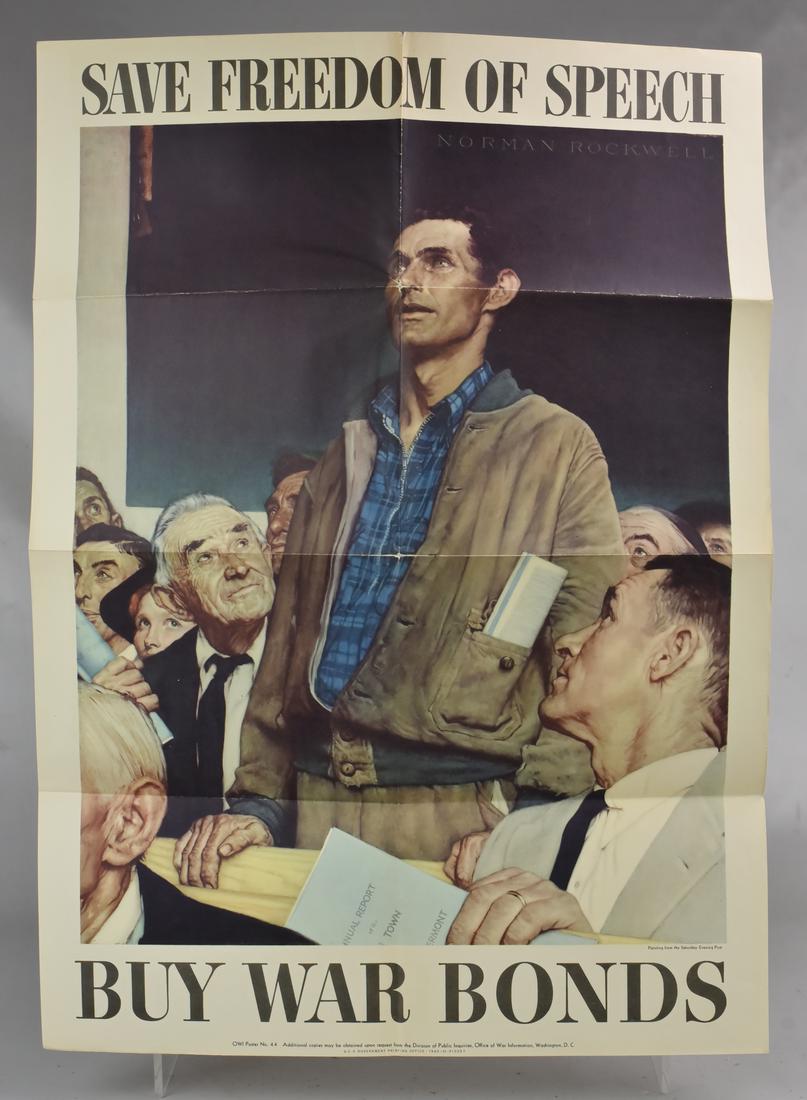 Norman Rockwell War Bond Poster "Save Freedom of: Norman Rockwell War Bond Poster "Save Freedom of Speech", OWI poster #44, 28" x 20", good condition with wear at creases