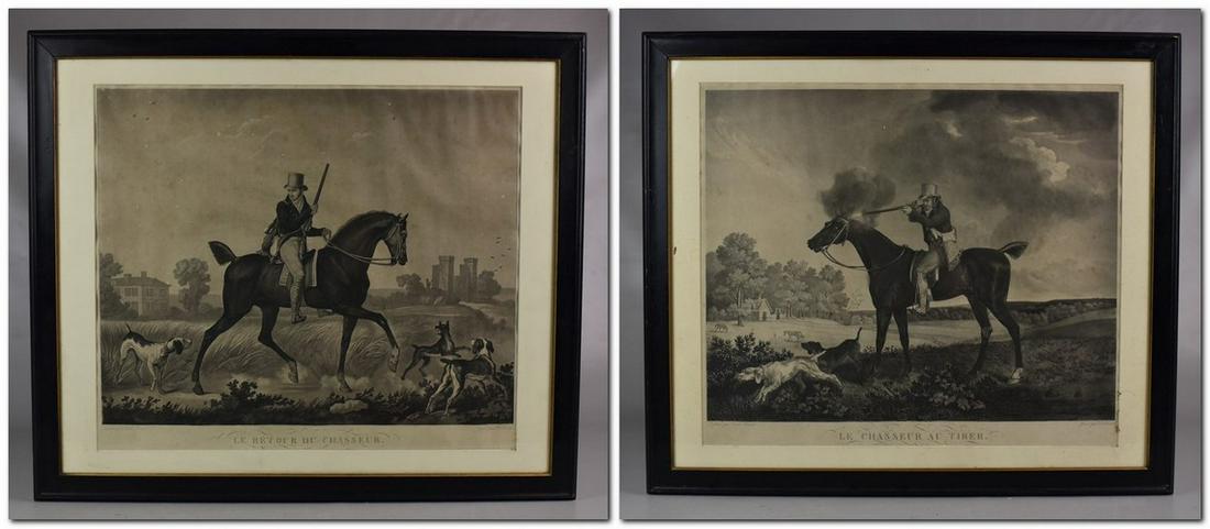 (2) Antique French Hunting Prints: (2) Antique French hunting prints, "Le Chasseur au Tirer" and "Le Retour du Chasseur", engraved by Philip Bebucourt after drawings by Carle Vernet, 17-1/2" x 21-3/4" plate, framed 24-3/4" x 28-1/2", f