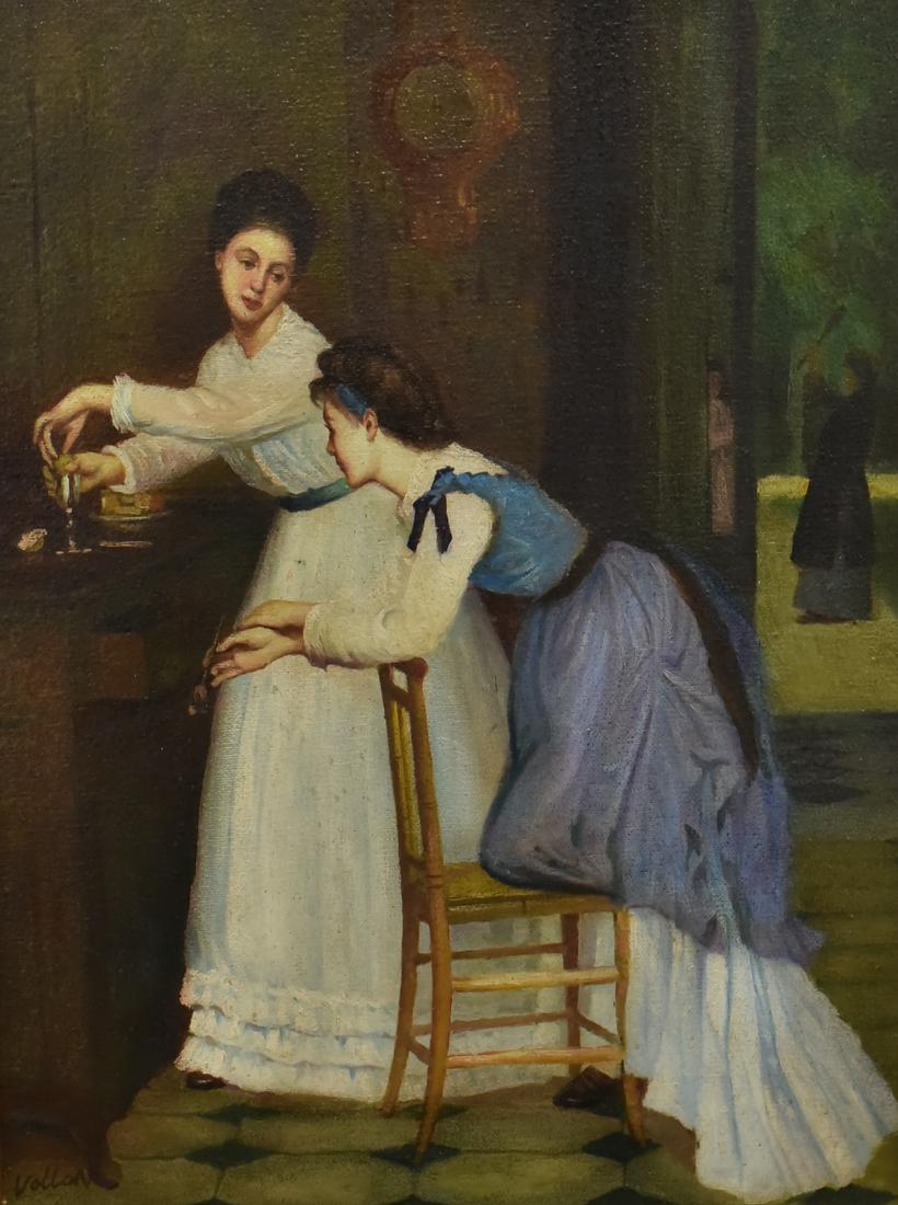 Reproduction Painting of 2 Young Women: Reproduction painting of 2 young women, oil no canvas, signed "Vollon", 16" x 12", framed 21-3/4" x 17-3/4", very good condition