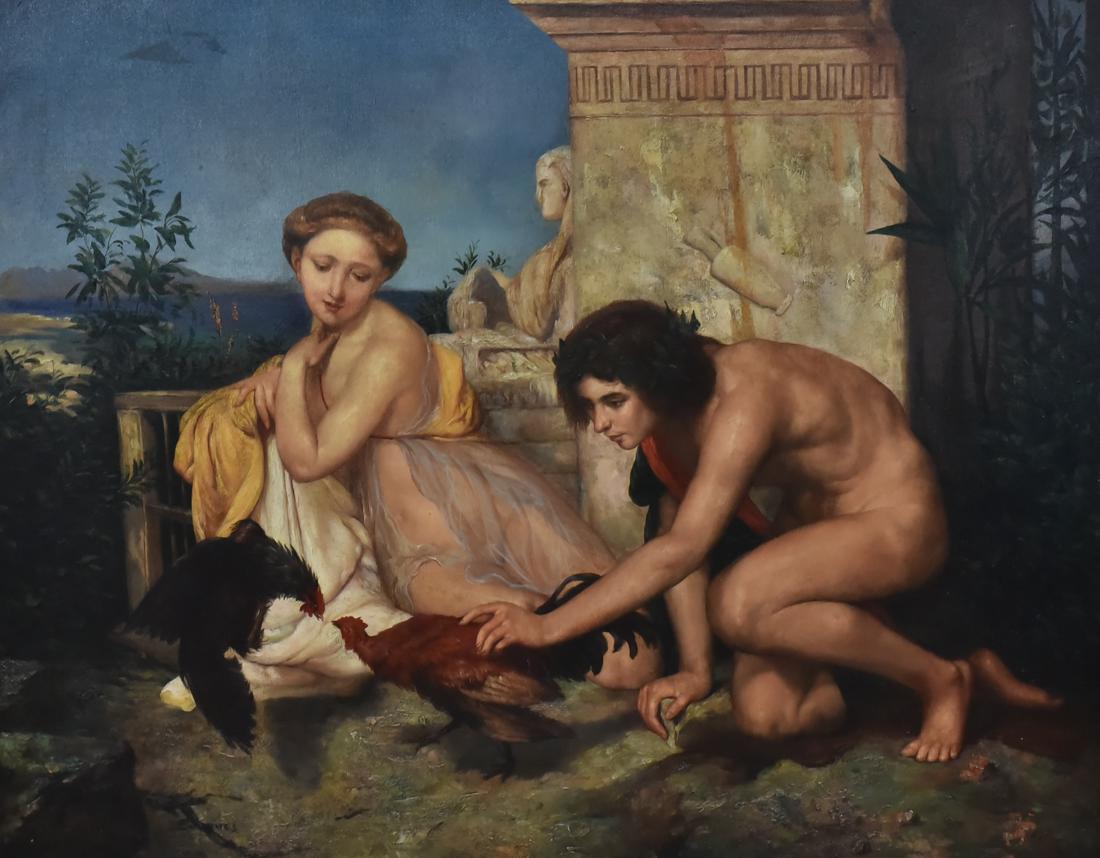 Reproduction Painting Classical Courting Scene: Reproduction painting classical courting scene of young boy and girl w/chickens, oil on canvas, 24" x 30", framed 34-1/2" x 40-1/2", very good condition