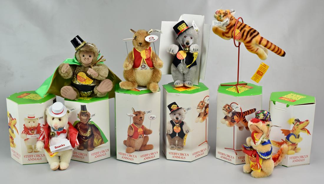 (6) Steiff Circus Animals: (6) Steiff Circus Animals, c/o Fire Eater Dragon, Teddy baby food vender, Strong Man Gorilla, Kangaroo juggler, Teddy Bear ticket seller, jumping Tiger, tallest 8", each with ear button & tag, origina