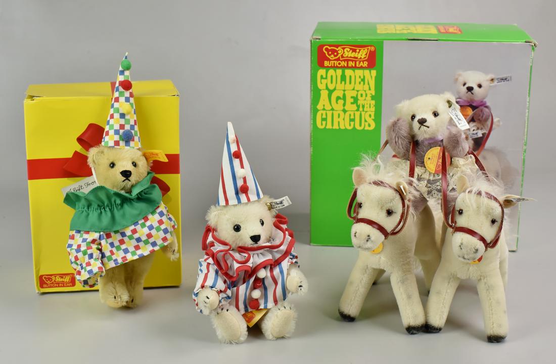 Steiff Circus Animals: Steiff Circus Animals, c/o 3-piece Bear Back Rider Set (2 horses and bear with tutu), (2) clown bears, each with ear button & hang tag