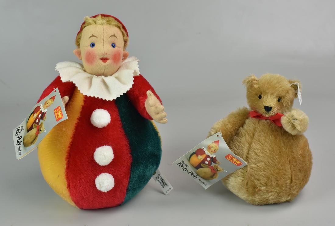 (2) Steiff Roly-Poly Replicas: (2) Steiff Roly Poly replicas,1988/89, c/o bear, ear button & tag, 7" h, clown, 10" h, ear button & butt tag, each with hang tag