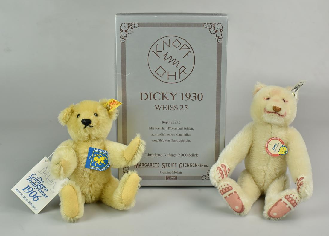 (2) Steiff Replica Bears: (2) Steiff replica bears, c/o Dicky 1930 White 25 (1992), with original box & COA Nr 00498, 10" h, The Giengen Teddybear 1906 (1985), with original hang tag, 8-1/2" h, each with ear button & tag