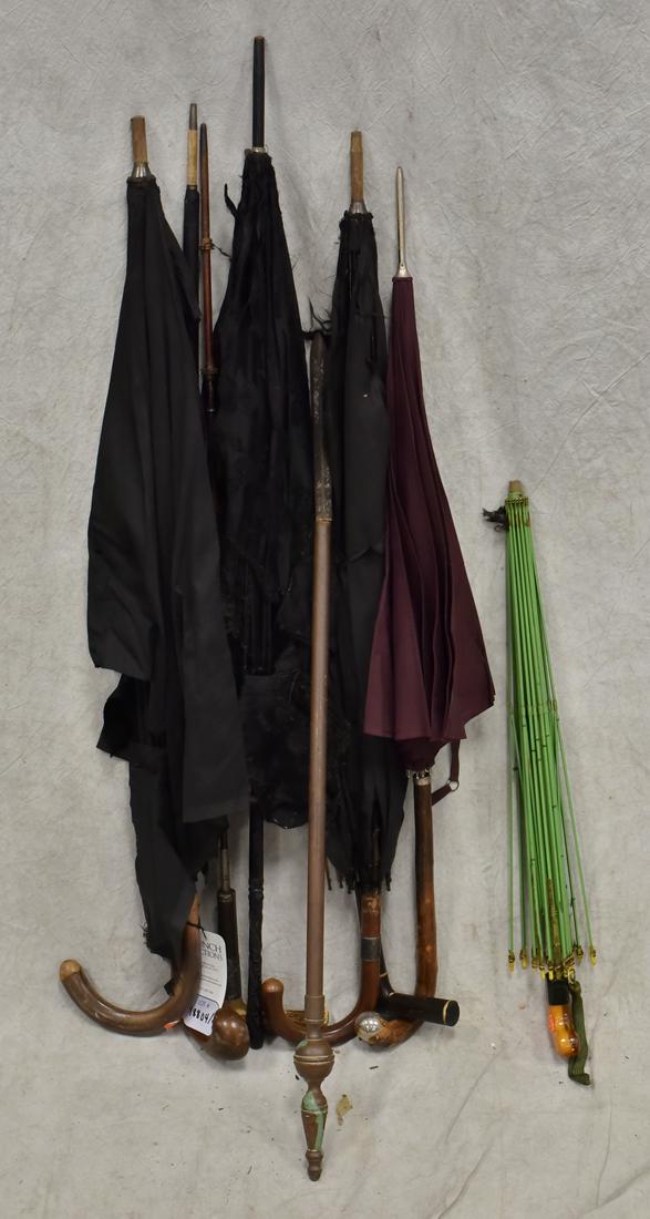 (9) Umbrellas/Parasols: (9) Umbrellas/Parasols Including Wood J and L Handles, Carved Bone, and Copper, (Some Damage)