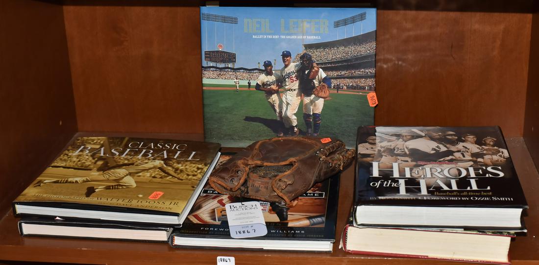 (6) Baseball Books and Glove: (6) Baseball Books Including Classic Baseball, Cooperstown: Hall of Fame Players, Neil Leifer, Sporting News Heroes of the Hall, 29th Century Baseball Chronicle, Treasures of the Baseball Hall of Fame