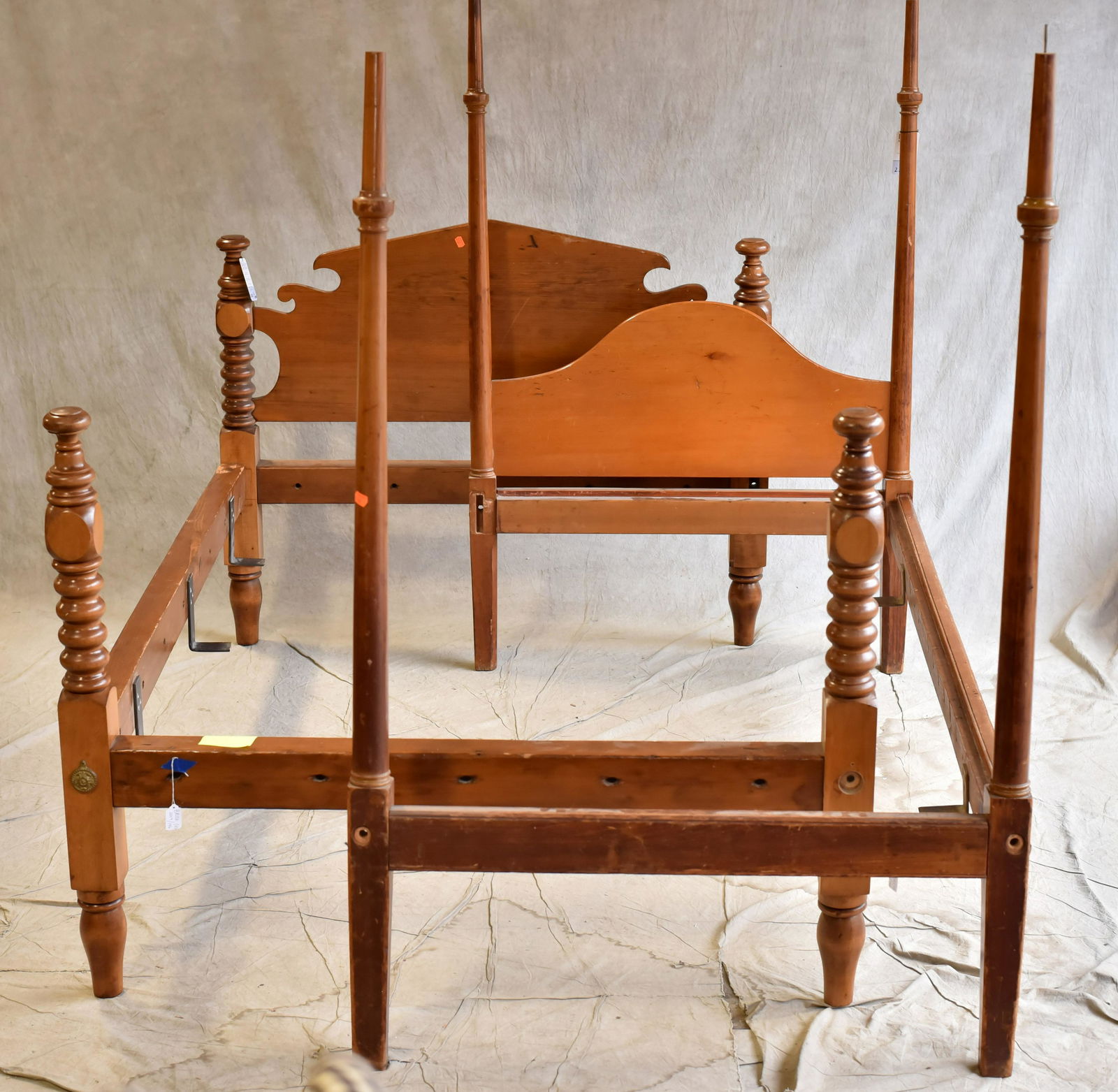 (2) child's size beds: (2) twin beds, c/o turned post bed, spool turned rope bed, largest headboard 62"h x 41"w, one bed missing canopy