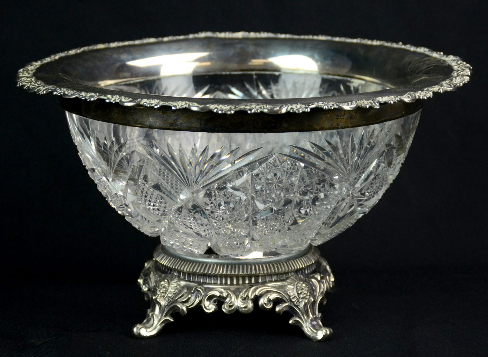 Cut Glass Punch Bowl with Sterling Rim (1 of 4)