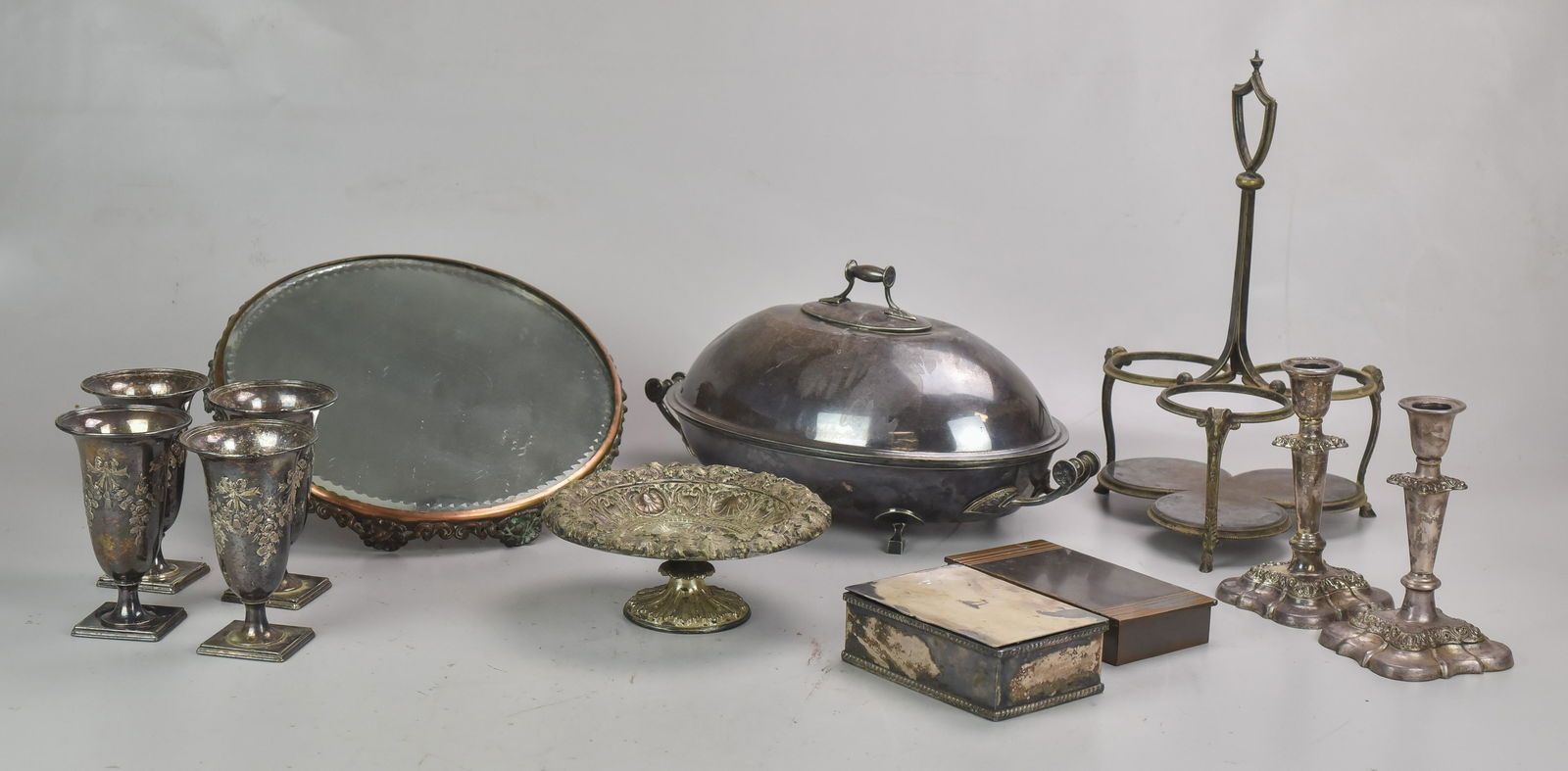 Silver Plate Items and Silvercrest Humidor: Silver Plate Plateau Gorham Covered Oval Server, Repousse Compote, Jewelry Box, Gorham Candlesticks, (4) Cups, Silvercrest Bronze Humidor