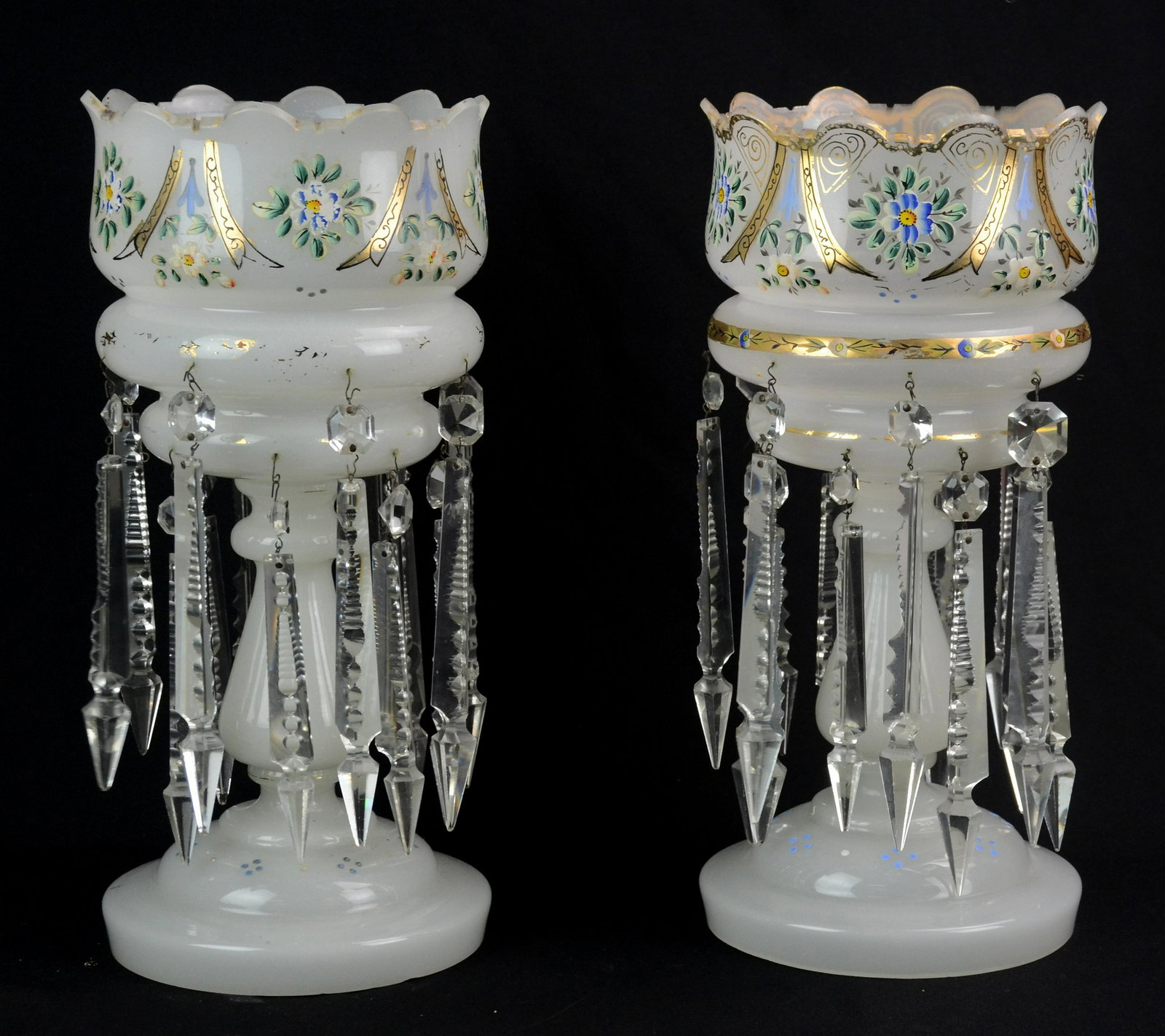 Pr Victorian Enameled Glass Lustres: Pr Victorian enameled glass mantle lustres, white opaline with enamel and gilt decoration, 7" prisms, 14" h, good condition with a few minor rim chips & enamel loss, missing 2 prisms