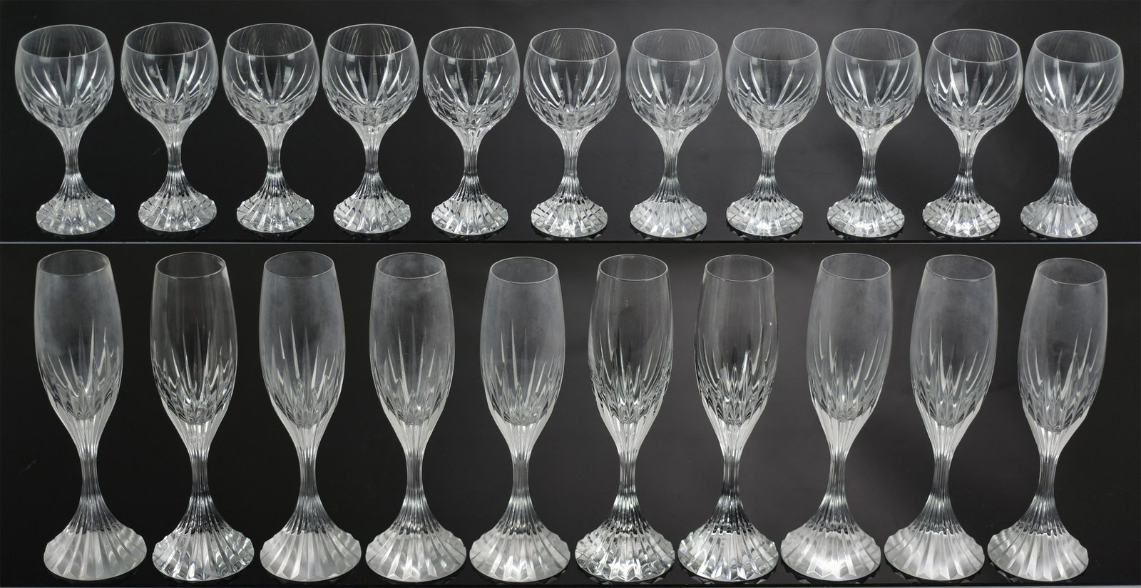 (21) Baccarat "Massena" Wine & Champagne Stems: (21) Baccarat "Massena" claret wine and champagne glasses c/o (10) 8-1/2" champagne flutes and (11) 6-3/8" wine glasses, very good condition