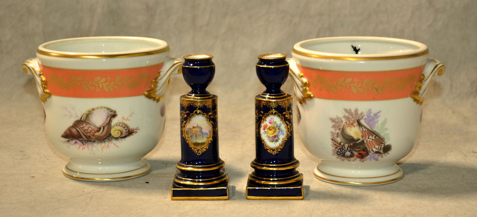 Cobalt Meissen Candlesticks and Mottahedeh Cachepots (1 of 1)