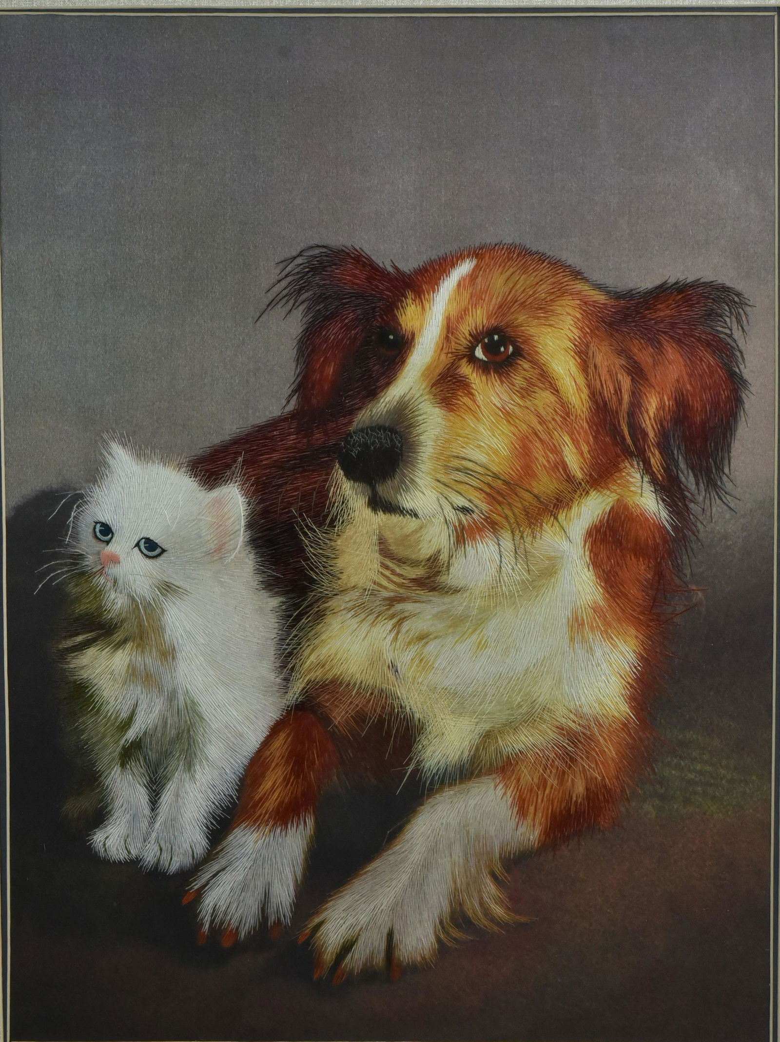 Contemporary Silk Needlework of a Dog and Cat (1 of 2)
