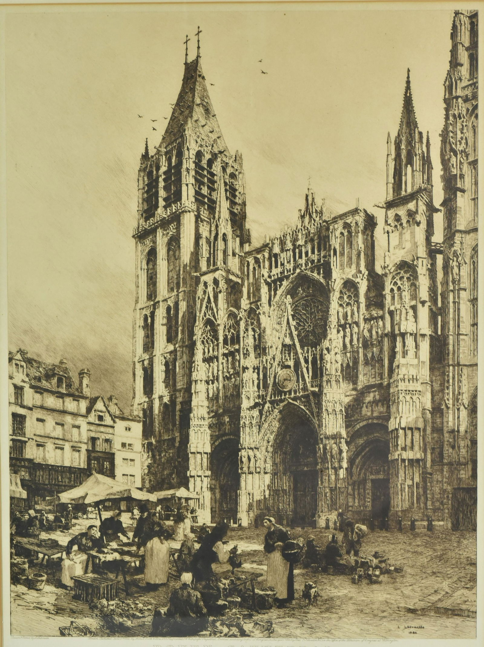 Leon Augustin Lhermitte Etching Rouen Cathedral: Leon Augustin Lhermitte (French, 1844-1925) etching Rouen Cathedral, published 1884 by Arthur Tooth & Sons, London, 22-1/2" x 16-3/4" plate, framed 32-5/8" x 26-1/2", good condition