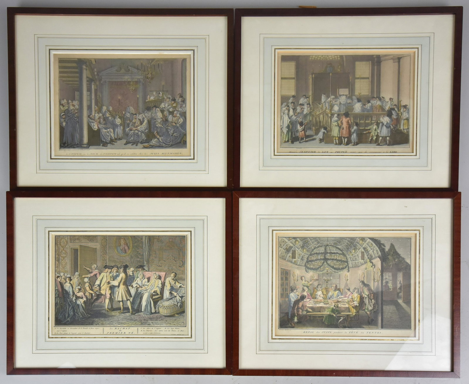 (4) Bernard Picart Hand Colored Engravings: (4) Bernard Picart hand colored engravings, each measures approx. 5-3/4" x 8" plate, framed 11-3/4" x 14", good condition
