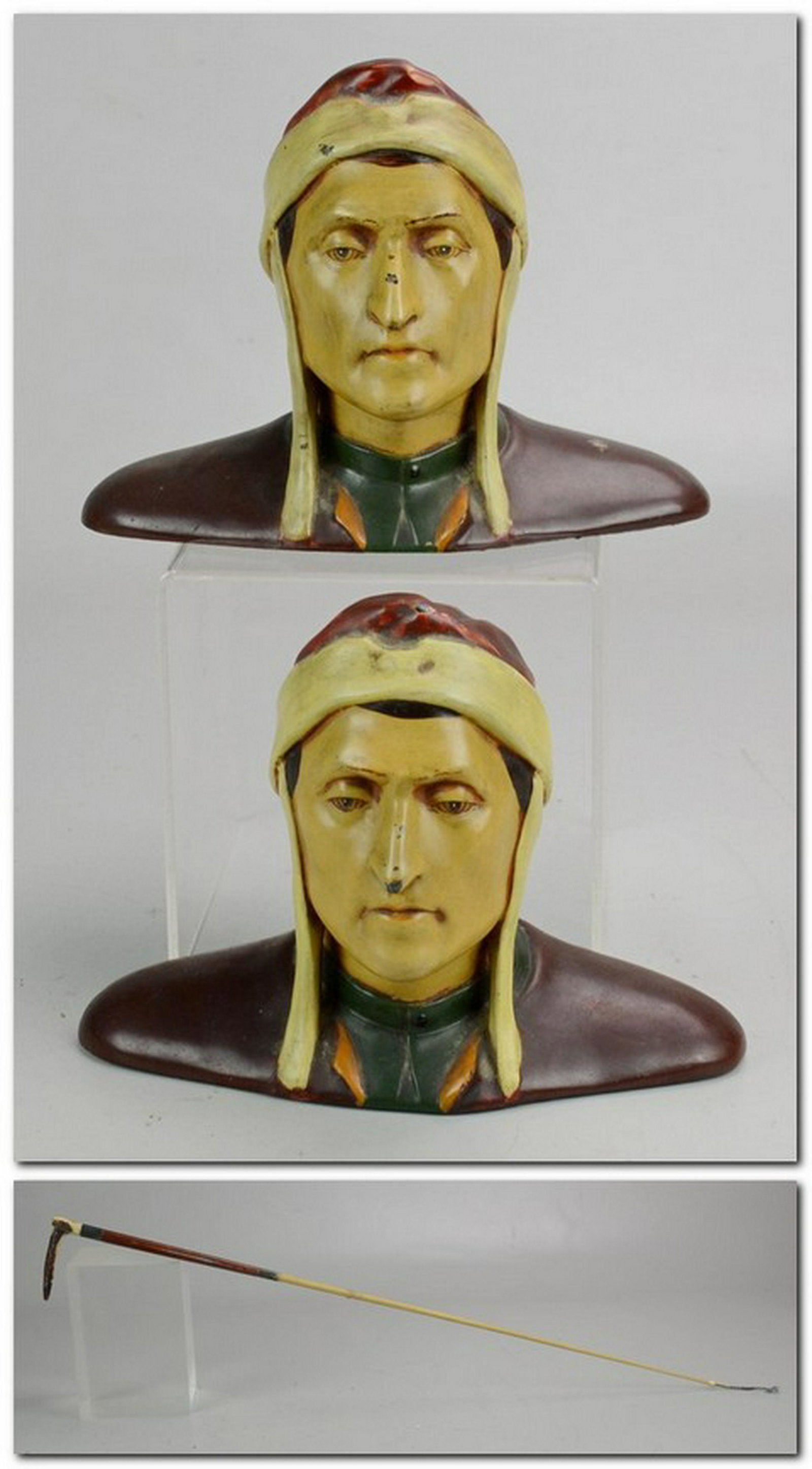 Art Deco Bust of Dante Bookends and Riding Crop: Art deco cast metal painted bust of Dante bookends and antique riding crop with bone handle and steel lined bands.