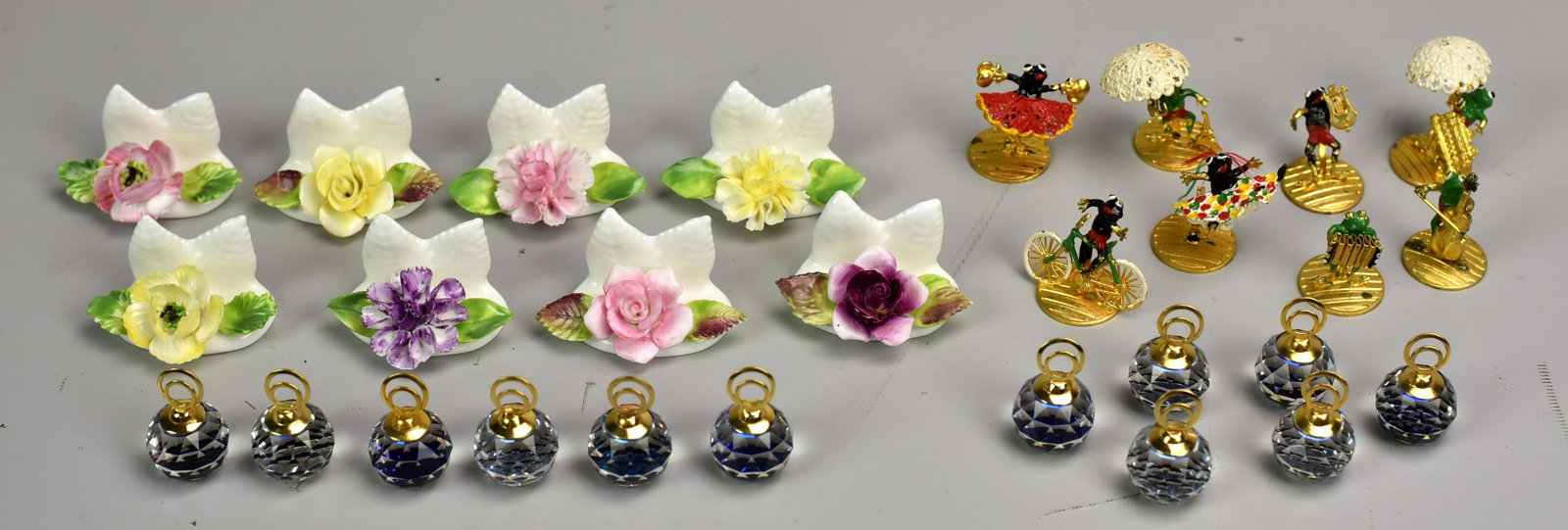 Place Card Holders: Place card holders, c/o (12) Swarovski crystal (in original boxes), (8) Coalport bone china floral, (8) gilt metal frogs marked Paris
