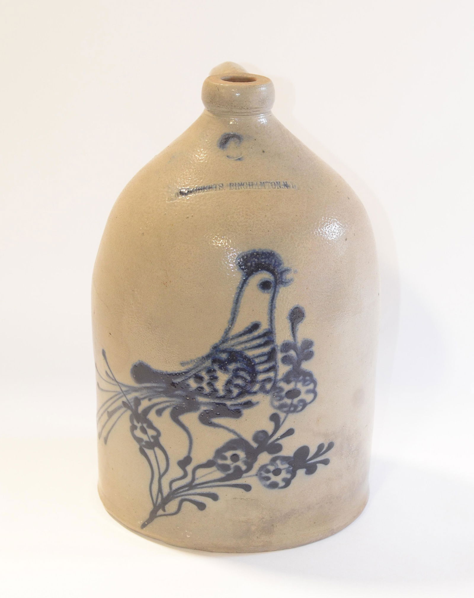 3 gallon blue bird decorated stoneware jug, W Roberts: 3 gallon blue bird decorated stoneware jug, W Roberts, Binghamton, NY , 14" high, tight spider on left side of body, otherwise no damage noted