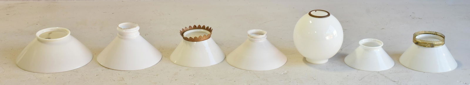 (7) white glass shades: (6) conical white glass shades, 1 ball shade, 10" d to 13 1/2" d