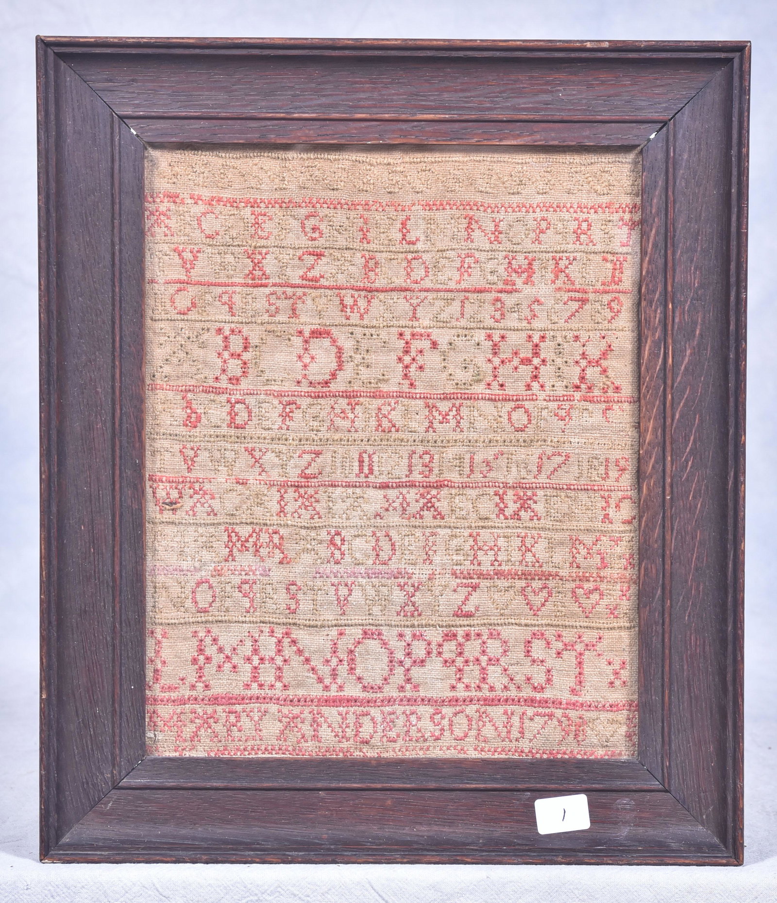 Framed Alphanumeric needlework sampler: Framed Alphanumeric needlework sampler, Mary Anderson, 1790, sight size 8-3/4" x 7", in oak frame, no damage noted