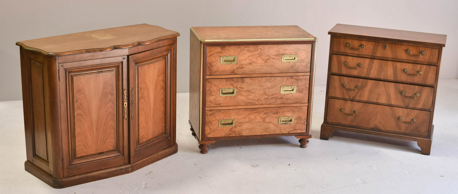 Baker campaign chest, Georgian style chest, credenza: Baker campaign chest, Georgian style chest, 2 door credenza, largest 32" h x 37" w x 18" d, each with wear to finish and water marks