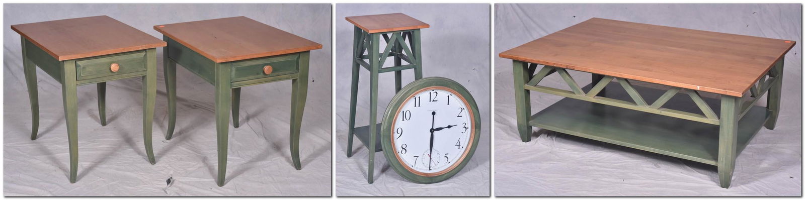 (3) pc Ethan Allen table set, w/ stool & wall clock: (5) pc Ethan Allen decorative furniture, c/o pair one drawer end tables, pedestal table, coffee table, round hanging wall clock, green painted bases with walnut finished tops, largest 18" h x 46" w x