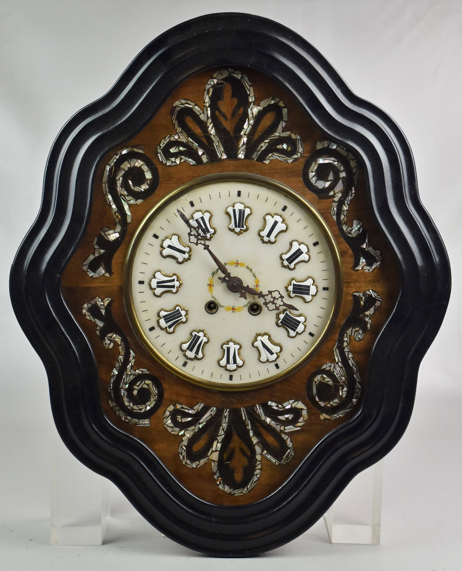 MOP inlaid & burled ebonized French cartel clock, 24" h: MOP inlaid & burled ebonized French cartel clock, alabaster dial with enameled chiclets, key and pendulum, v24 1/2" h, 20" w