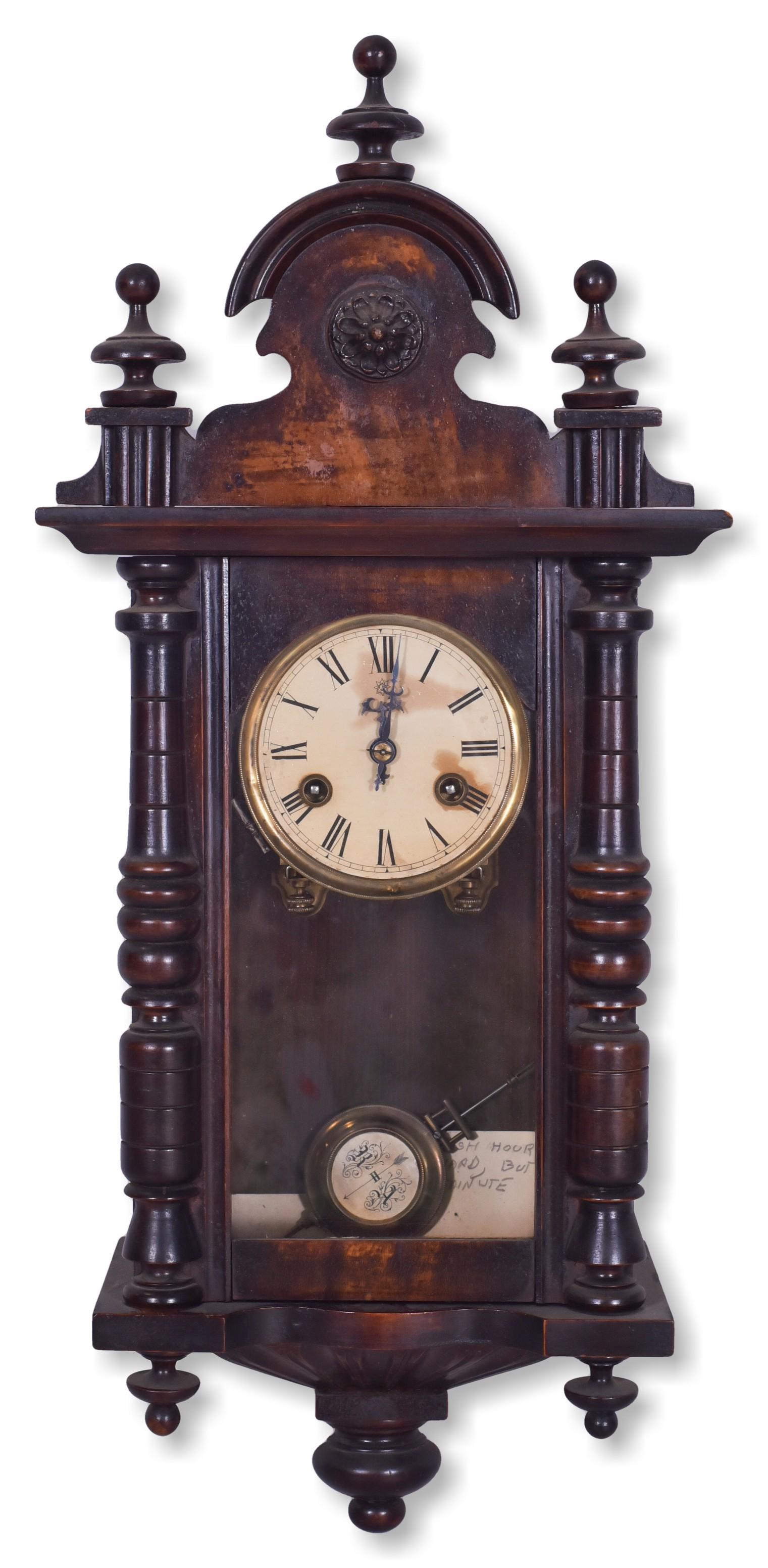 Junghans Vienna style wall clock: Junghans Vienna style wall clock, string driven, time and strike, with crest, 26" h, with key and pendulum,