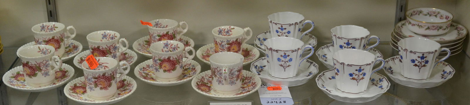 Shelf #28 - Tea Sets: Shelf #28 - Copeland Spode Aster Pattern (8) Teacups and (8) Saucers, Wedgwood (5) Teacups and (6) Saucers, Limoges (5) Saucers and Sugar