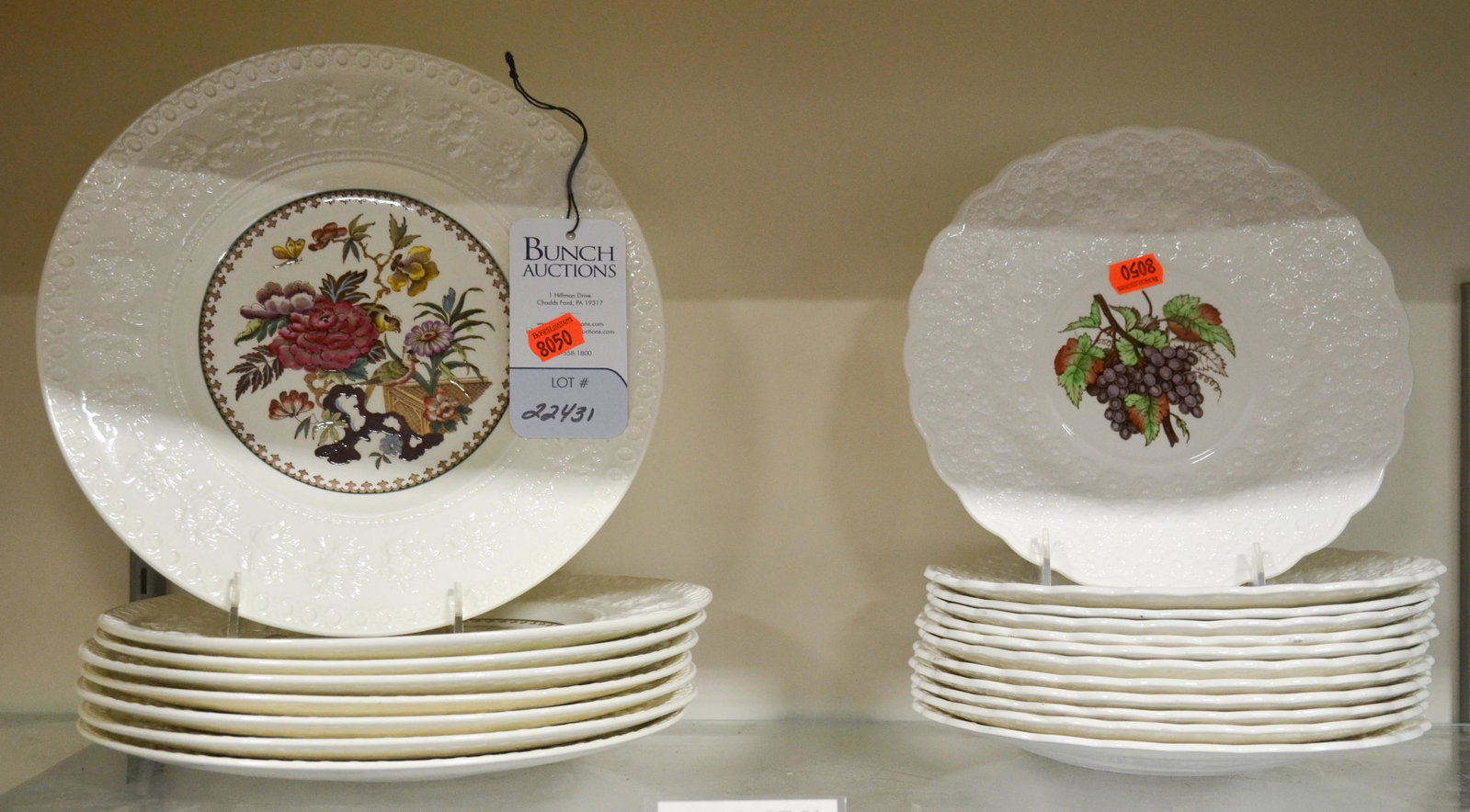 Shelf #31 - Wedgwood & Spode Plates: Shelf #31 - (8) Wedgwood Wellesley Bullfinch dinner plates, 10-7/8" dia, (12) Copeland Spode Fernleigh luncheon plates with grape decoration, 9-1/4" dia