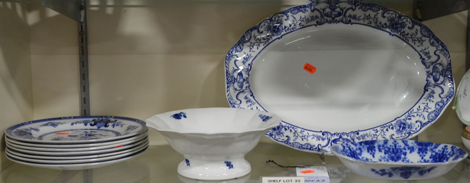Shelf #33 - (10) Pcs Blue & White Porcelain: Shelf #33 - Blue & White porcelain, c/o Doulton Burslem Athol oval platter, 17-3/4" x 13", (7) Mintons dinner plates, 10" dia, Ridgways flow blue oval bowl, 9" x 7" x 1-1/2" h, Royal Copenhagen Blue F