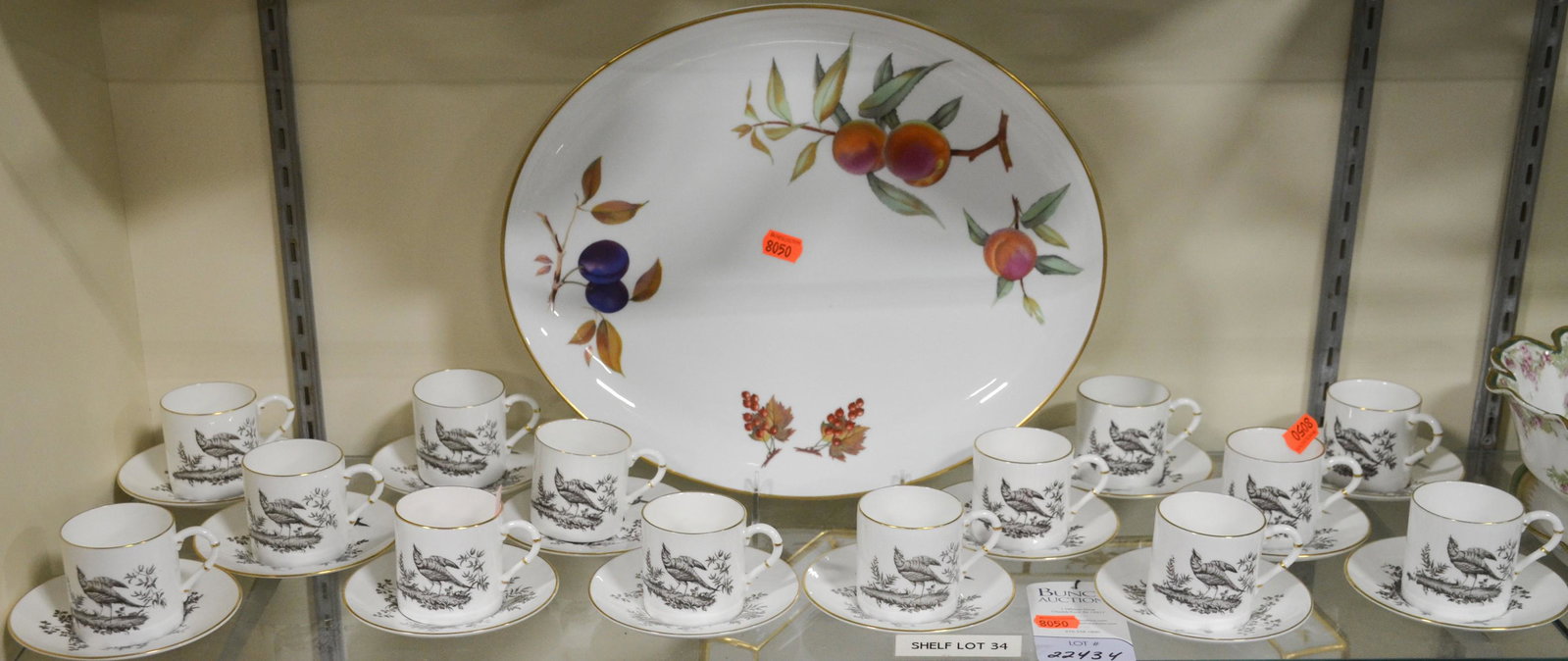 Shelf #34 - Royal Worcester Dinnerware: Shelf #34 - Royal Worcester porcelain dinnerware, c/o (14) pheasant demitasse cups & saucers, large Evesham Gold oval tray, 15" x 12-1/2"
