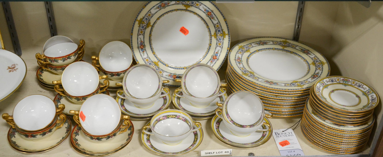 Shelf #40 - Dinnerware: Shelf #40 - Assorted dinnerware, c/o Mintons Grasmere (11 dinner plates, 12 B&B plates, 6 saucers), Depose France (7 cream soup bowls & saucers), B&C France (11 cream soup bowls & saucers)