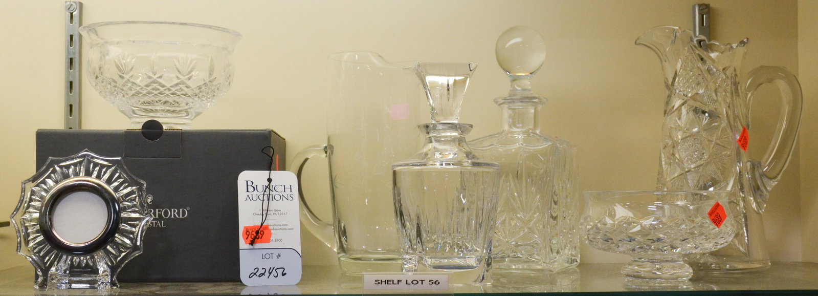 Shelf #56 - (7) Pcs Crystal: Shelf #56 - (7) Pcs crystal, including Waterford clock, bowls, decanter, cut glass pitcher