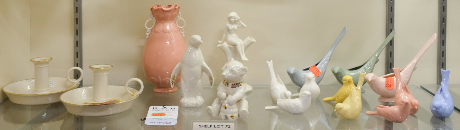 Shelf #72 - (17) Pcs Lenox Porcelain: Shelf #72 - (17) Pcs Lenox porcelain, c/o 3 bird vases (pink, green, blue), 8 bird figurines (white, pink, yellow, blue), nude on tree trunk vase, coral pink double handled vase, pr chambersticks, Chi