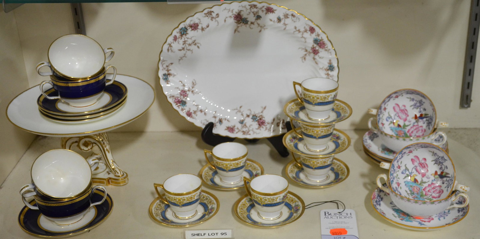 Shelf #95- Mintons Porcelain Grouping: Shelf #95- Mintons porcelain grouping c/o (6) Mintons demitasse cup and saucers 1912-1950 with retailed by Ovington's New York, Mintons ancestral serving plate, (4) double handled bouillon with underp