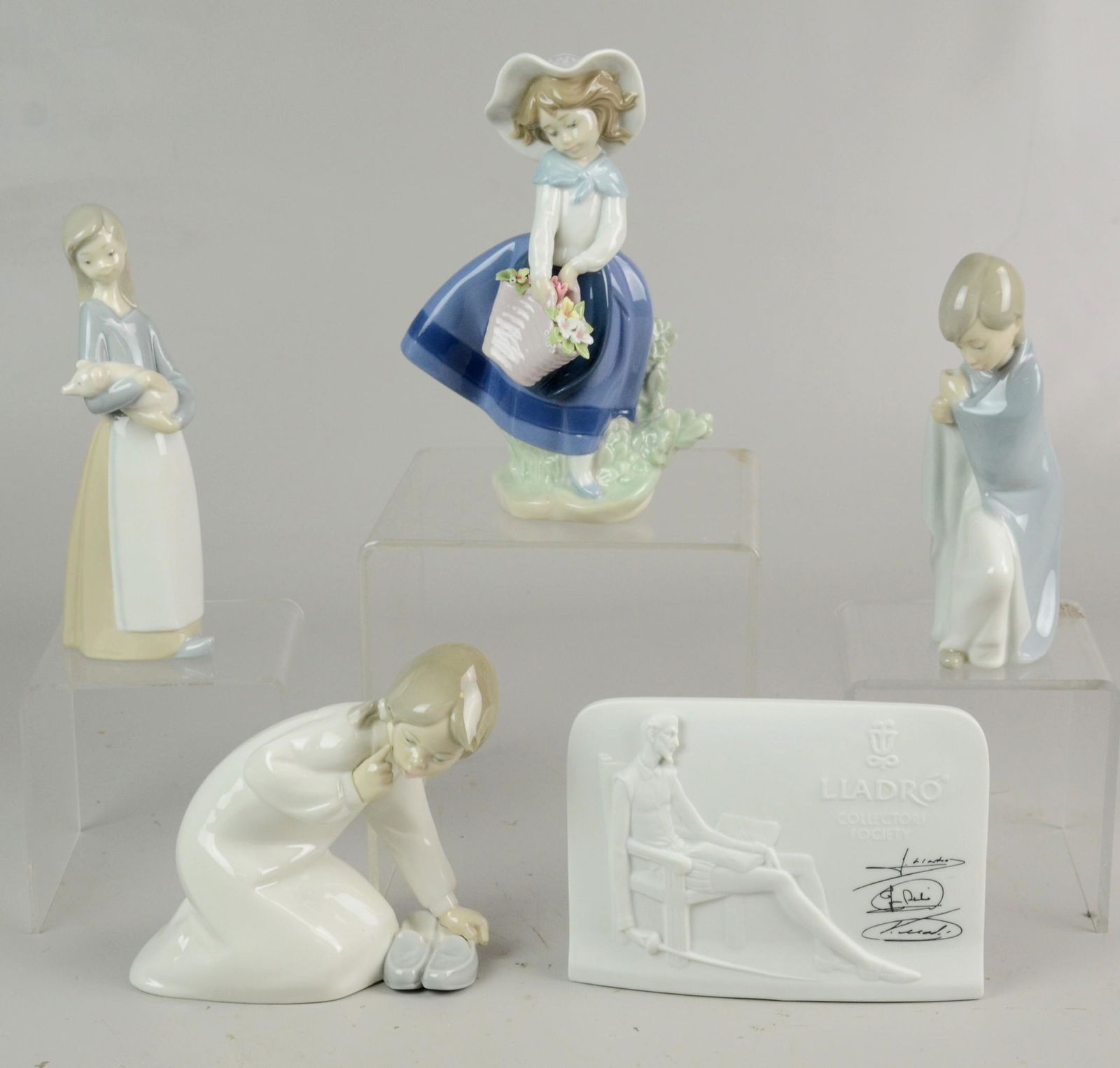 (5) Lladro Porcelain Figures: (5) Lladro porcelain figurines, c/o girl with daddy's slippers, Pretty Pickings, girl holding pig, shepherd boy (missing crook), Lladro Collectors Society plaque with Don Quixote, tallest 7"