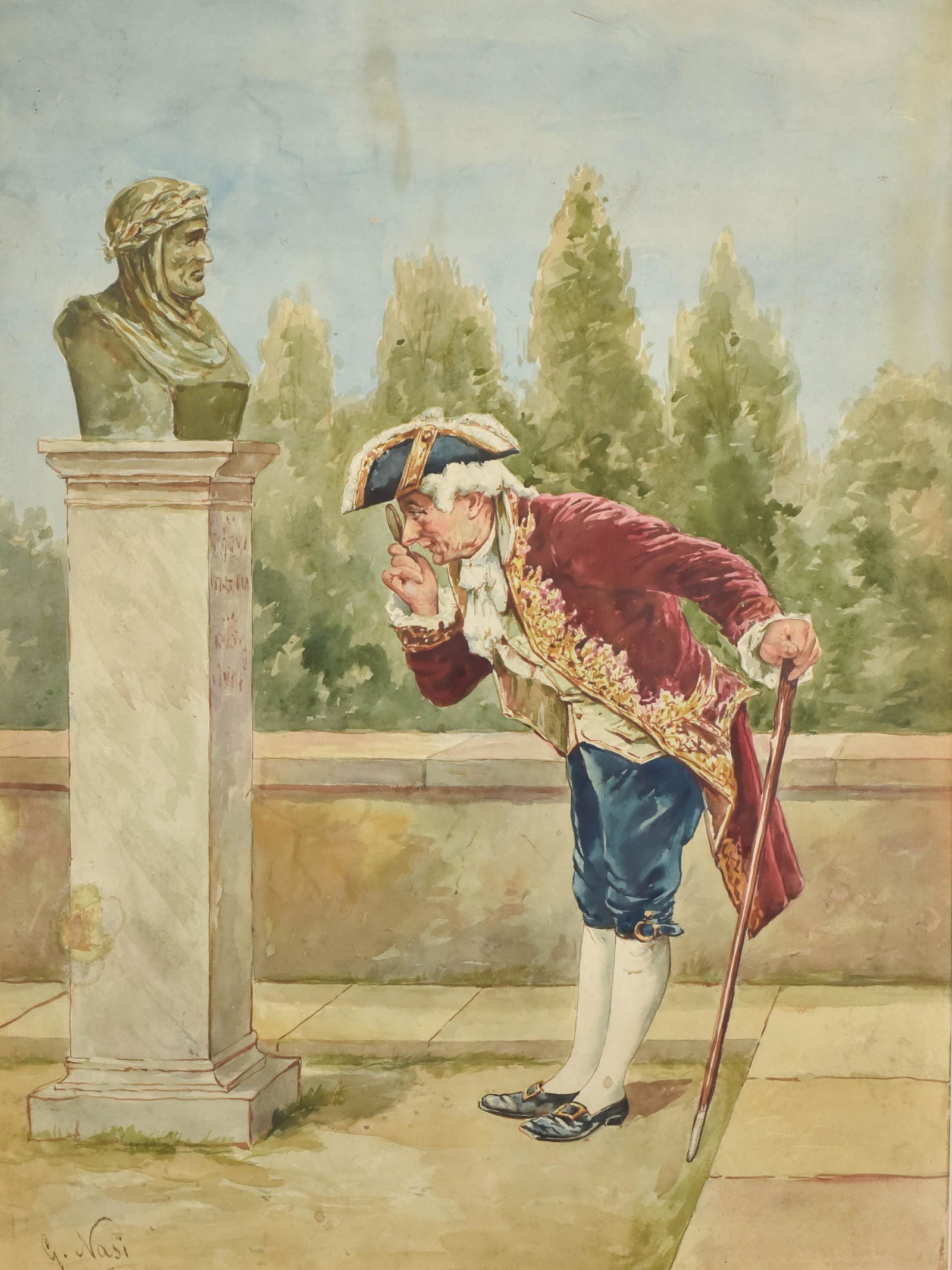 G. Nasi Watercolor " l'Intenditore": G. Nasi, 19th C. Italian, watercolor " l'Indentitore", signed lower left, 19-1/2" x 14-3/4" sight, framed 26-1/8" x 21-1/8", good condition, spot of damage on pedestal lower left