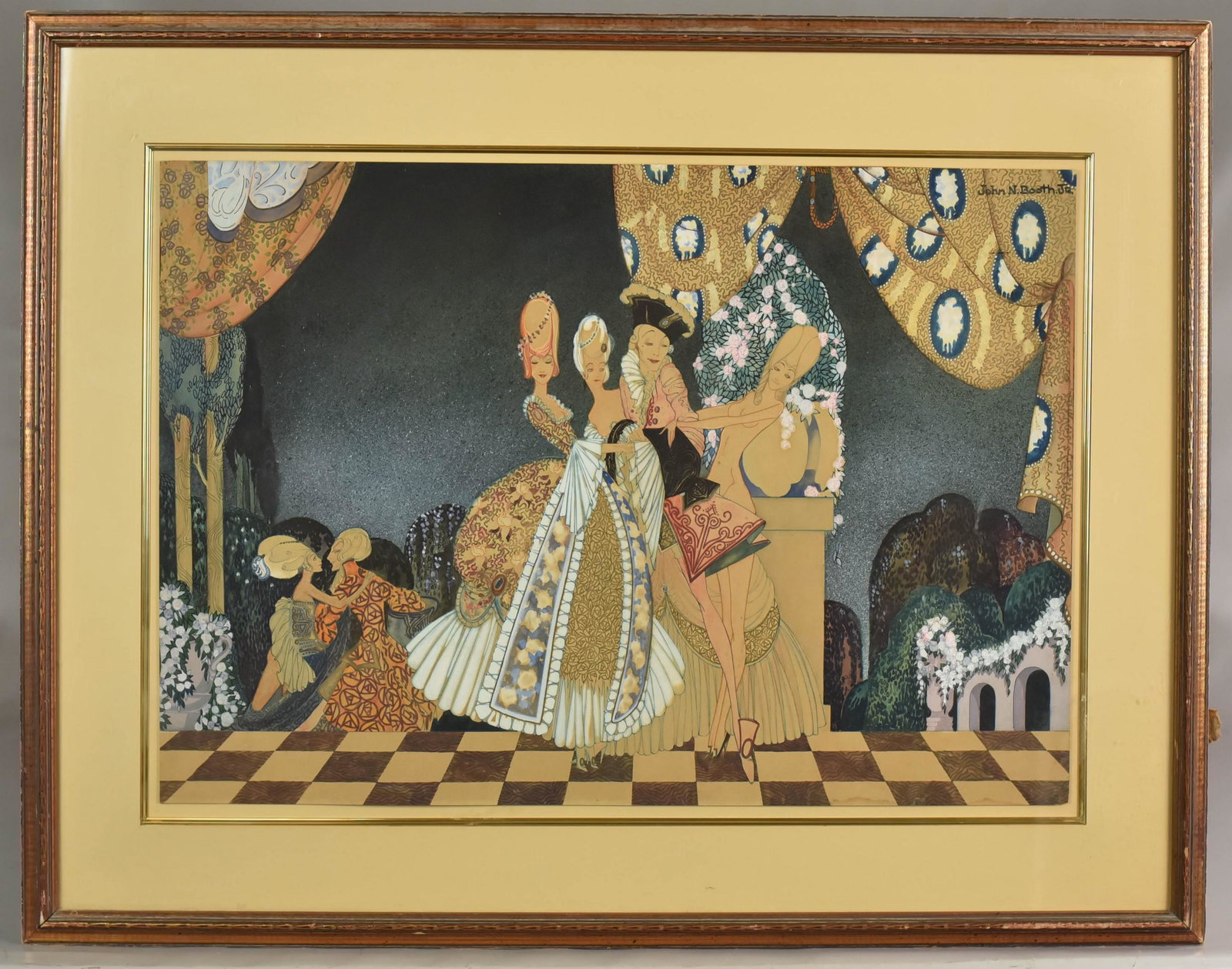 Art Deco Theatre Painting "Costume Ball": Art Deco theatre painting "Costume Ball", in the manner of Francis Delamare, watercolor and ink on paper, signed "John N. Booth, Jr.", 17" x 24-1/4" sheet, framed 25" x 32", good condition, small wate