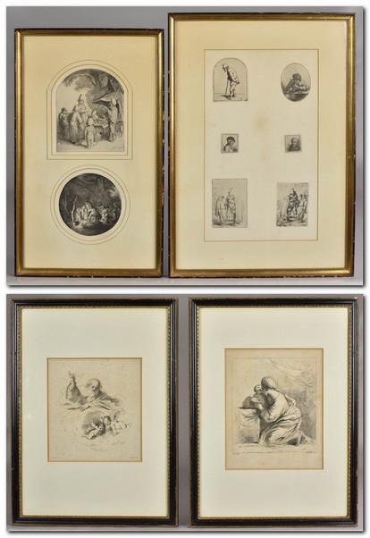 (4) Framed Etchings Ostrade & Bartolozzi: (4) Framed etchings Ostrade & Bartolozzi, Adrian von Ostade and Francesco Bartolozzi, largest plate size 11-1/2" x 9", largest framed size 22-1/2" x 16-1/2", fair to good condition, some foxing